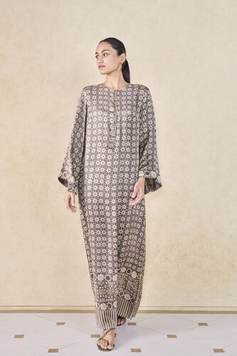 Sargassum Handcrafted Ajrakh Silk Kaftan - Grey, Grey, image 1